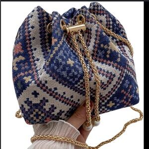 Boohoo Hippie Canvas Linen Bag Patchwork Drawstring with pearls gold